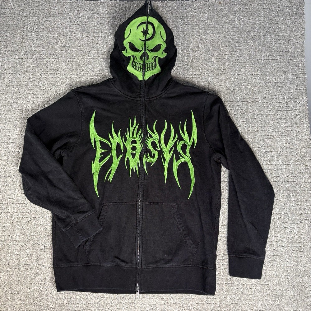 ECOSYS Green Devil Hoodie Men Full Face Zip Sweatshirt Black Cyber Punk Size XL
